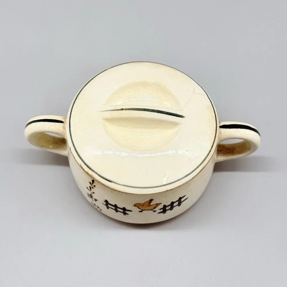 Vintage Stoneware Sugar Bowl With Lid & Handles Bird Design Cream Green Yellow